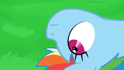 Size: 1280x720 | Tagged: safe, artist:misterdavey, edit, editor:crossovercartoons, imported from derpibooru, rainbow dash, pegasus, pony, smile hd, grass, grimdark source, grotesque source, head, lying down, moments before disaster, no blood, on back, sfw edit, solo, this will end in death, wide eyes