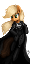 Size: 1080x2250 | Tagged: safe, artist:raphaeldavid, imported from derpibooru, applejack, earth pony, semi-anthro, app-el, cape, clothes, crossover, dc comics, flying, looking down, signature, simple background, solo, superman, supermare, unamused, white background