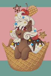 Size: 2464x3621 | Tagged: safe, artist:taytinabelle, imported from derpibooru, oc, oc only, oc:sundae swirl, unnamed oc, earth pony, food pony, original species, pony, cherry, chest fluff, chocolate, cute, ear fluff, female, food, happy, ice cream, looking at you, mare, open mouth, ponified, simple background, smiling, solo, sprinkles, tongue out, waffle cone