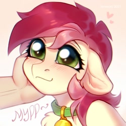 Size: 2000x2000 | Tagged: safe, artist:fenwaru, imported from derpibooru, roseluck, earth pony, human, pony, behaving like a cat, blushing, chest fluff, collar, commission, commissioner:doom9454, cute, cuteluck, cyrillic, female, floppy ears, fluffy, hand, happy, heart, high res, mare, offscreen character, pet tag, petting, pony pet, purring, rosabetes, rosepet, russian, smiling, translated in the description