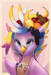 Size: 1280x1887 | Tagged: safe, artist:orfartina, imported from derpibooru, oc, oc only, oc:sebright, hippogriff, bust, female, fruit, portrait, solo