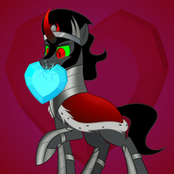 Size: 900x900 | Tagged: safe, artist:enigmadoodles, imported from derpibooru, king sombra, pony, unicorn, crystal heart, curved horn, horn, male, mouth hold, raised hoof, solo, stallion