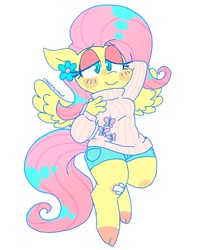 Size: 966x1218 | Tagged: safe, artist:creepincrawl, imported from derpibooru, fluttershy, anthro, pegasus, pony, unguligrade anthro, arm behind head, bandaid, blushing, clothes, cloven hooves, cute, female, floppy ears, lidded eyes, shorts, shyabetes, simple background, smiling, solo, sweater, sweatershy, turtleneck, white background