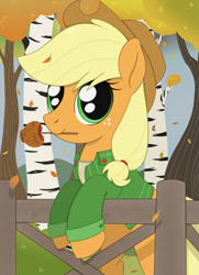 Size: 1457x2012 | Tagged: safe, artist:dyonys, imported from derpibooru, applejack, earth pony, pony, apple, applejack's hat, autumn, candy apple (food), clothes, cowboy hat, cute, female, fence, food, freckles, hat, jackabetes, leaves, looking at you, mare, mouth hold, shirt, solo, tree