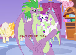 Size: 1280x936 | Tagged: safe, artist:theumbramistress, imported from derpibooru, spike, oc, oc:amethyst, dracony, dragon, hybrid, pony, carousel boutique, father and child, father and daughter, female, interspecies offspring, male, obtrusive watermark, offspring, older, older spike, parent:rarity, parent:spike, parents:sparity, watermark, winged spike, wings