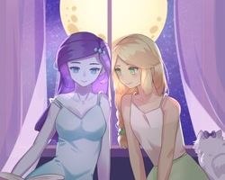 Size: 2048x1638 | Tagged: safe, artist:maoo720, imported from derpibooru, applejack, opalescence, rarity, equestria girls, clothes, female, full moon, lesbian, moon, nightgown, rarijack, shipping, sleeveless, smiling, window