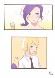Size: 1448x2048 | Tagged: safe, artist:maoo720, imported from derpibooru, applejack, rarity, human, alcohol, bare shoulders, blushing, champagne, champagne glass, clothes, comic, drunk, drunk rarity, female, heart, humanized, lesbian, lidded eyes, necktie, one eye closed, rarijack, shipping, shirt, sleeveless, strapless, sweat, wine