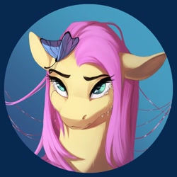 Size: 1200x1200 | Tagged: safe, artist:silentwulv, imported from derpibooru, fluttershy, butterfly, pegasus, pony, bust, circle, crying, female, floppy ears, looking at something, looking up, mare, portrait, sad, solo, teary eyes, three quarter view