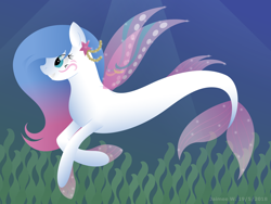 Size: 2816x2112 | Tagged: safe, artist:lavenderrain24, imported from derpibooru, oc, oc only, merpony, seapony (g4), starfish, blue eyes, clothes, crepuscular rays, deviantart watermark, dorsal fin, female, fin wings, fins, fish tail, flowing mane, flowing tail, obtrusive watermark, ocean, seaweed, see-through, smiling, solo, swimming, tail, underwater, water, watermark, wings