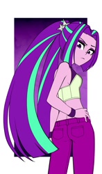 Size: 1000x1700 | Tagged: safe, artist:nekojackun, imported from derpibooru, aria blaze, equestria girls, abstract background, accessories, accessory, adorasexy, aria flat, ariabetes, arse-ia blaze, bracelet, clothes, cute, delicious flat chest, eyelashes, eyeshadow, frown, hair tie, hairtie, hand on hip, jeans, jewelry, looking at you, looking back, looking down, low angle, makeup, midriff, pants, pigtails, rear view, sexy, short shirt, sleeveless, solo, tsundaria, tsundere, twintails, unamused