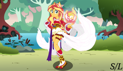 Size: 1920x1125 | Tagged: safe, artist:lightningq1, imported from derpibooru, sunset shimmer, fox, fox pony, hybrid, original species, pony, equestria girls, ahri, fiery shimmer, kitsune, kitsune pony, league of legends, solo, whisker markings