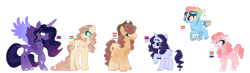 Size: 4096x1203 | Tagged: safe, artist:softiesuns, imported from derpibooru, applejack, fluttershy, pinkie pie, rainbow dash, rarity, twilight sparkle, alicorn, earth pony, pegasus, pony, unicorn, alternate design, base used, bisexual pride flag, demigirl pride flag, demisexual pride flag, genderfluid pride flag, lesbian pride flag, mane six, pansexual pride flag, pride, pride flag, simple background, transgender pride flag, transparent background, twilight sparkle (alicorn), white background