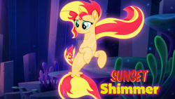 Size: 1280x720 | Tagged: safe, artist:s4rvin, imported from derpibooru, sunset shimmer, pony, seapony (g4), unicorn, deviantart watermark, dorsal fin, female, fish tail, flowing mane, flowing tail, glow, glowing, green eyes, horn, not fiery shimmer, obtrusive watermark, ocean, seaponified, seapony sunset, seaquestria, seaweed, solo, species swap, tail, underwater, water, watermark