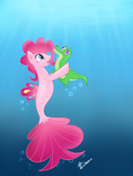 Size: 800x1050 | Tagged: safe, artist:princessmoonsilver, imported from derpibooru, gummy, pinkie pie, alligator, earth pony, pony, seapony (g4), blue eyes, bubble, dorsal fin, female, fish tail, flowing tail, looking up, ocean, open mouth, purple eyes, seaponified, seapony pinkie pie, signature, smiling, solo, species swap, sunlight, swimming, tail, underwater, water