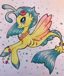 Size: 2255x2658 | Tagged: safe, artist:scarletkk, imported from derpibooru, princess skystar, seapony (g4), my little pony: the movie, blue eyes, dorsal fin, female, fish tail, flower, flower in hair, flowing mane, flowing tail, freckles, horn, jewelry, necklace, ocean, pearl necklace, seaweed, simple background, smiling, solo, tail, traditional art, underwater, water, white background