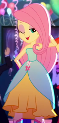 Size: 294x614 | Tagged: safe, imported from derpibooru, screencap, fluttershy, eqg summertime shorts, equestria girls, raise this roof, adorasexy, bare shoulders, beautiful, beautisexy, cropped, cute, fall formal outfits, one eye closed, sexy, shyabetes, sleeveless, solo focus, strapless, wink