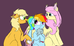 Size: 1280x800 | Tagged: safe, artist:doodletheexpoodle, imported from derpibooru, applejack, fluttershy, rainbow dash, oc, oc:thunder rumble, earth pony, pegasus, pony, ear tufts, female, floppy ears, foal, hatless, implied quibbledash, mare, missing accessory, offspring, parent:quibble pants, parent:rainbow dash, parents:quibbledash, purple background, simple background