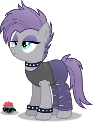 Size: 2862x3758 | Tagged: safe, artist:anime-equestria, imported from derpibooru, boulder (pet), maud pie, earth pony, pony, alternate hairstyle, armband, boulder (g4), clothes, collar, ear piercing, eyeshadow, female, makeup, mare, pants, piercing, punk, ripped pants, rock, rock (music), rocker, shirt, simple background, solo, sunglasses, torn clothes, transparent background, vector