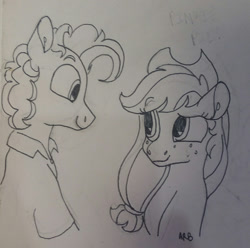 Size: 1280x1271 | Tagged: safe, artist:doodletheexpoodle, imported from derpibooru, applejack, cheese sandwich, earth pony, pony, cheesejack, female, male, pencil drawing, shipping, straight, traditional art