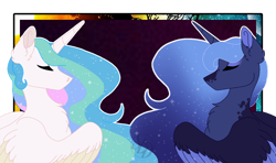 Size: 1280x760 | Tagged: safe, artist:softlunardreams, imported from derpibooru, princess celestia, princess luna, alicorn, pony, duo, eyes closed, female, mare, royal sisters, siblings, sisters