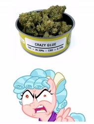 Size: 3106x4096 | Tagged: safe, imported from derpibooru, cozy glow, pegasus, pony, crazy glow, crazy glue, drugs, female, filly, insanity, marijuana, pun