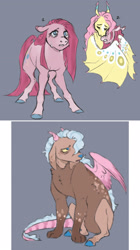 Size: 1280x2281 | Tagged: safe, artist:halfcrazydaisy, imported from derpibooru, fluttershy, pinkie pie, oc, oc:dreamy, bat pony, pony, bat ponified, female, flutterbat, flutterpie, hug, interspecies offspring, lesbian, offspring, parent:discord, parent:pinkie pie, parents:discopie, pinkamena diane pie, race swap, sad, shipping, winghug, wings