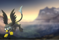 Size: 1280x873 | Tagged: safe, artist:pzkratzer, imported from derpibooru, thunderlane, griffon, flying, griffonized, looking back, mountain, species swap