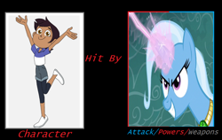 Size: 1078x682 | Tagged: safe, artist:oddonehere, imported from derpibooru, trixie, human, pony, unicorn, magic duel, crossover, luz noceda, meme, the owl house, wrong aspect ratio