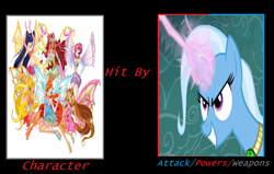 Size: 1078x686 | Tagged: safe, artist:oddonehere, imported from derpibooru, trixie, fairy, human, unicorn, magic duel, aisha, bloom (winx club), crossover, enchantix, fairies, fairies are magic, fairy wings, flora (winx club), layla, meme, musa, stella (winx club), tecna, wings, winx, winx club, wrong aspect ratio