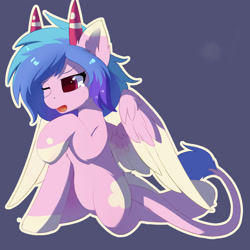 Size: 2000x2000 | Tagged: safe, artist:neverend, imported from derpibooru, oc, oc only, oc:momo, demon, demon pony, original species, pegasus, pony, crying, female, kneeling, one eye closed, open mouth, pegasus oc, solo, wings