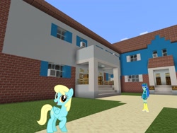 Size: 2048x1536 | Tagged: safe, artist:greendwarf333, artist:topsangtheman, imported from derpibooru, blueberry cake, sassaflash, pegasus, pony, equestria girls, house, looking at you, minecraft, traditional art