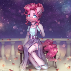 Size: 2500x2500 | Tagged: safe, artist:zefirka, imported from derpibooru, pinkie pie, clothes, dress, elegant, redraw, socks, stockings, thigh highs