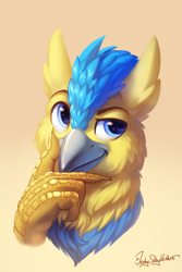 Size: 2000x3000 | Tagged: safe, artist:jedayskayvoker, imported from derpibooru, oc, oc:darkeng, hippogriff, bust, emoji, fluffy, gradient background, hmm, icon, portrait, thinking, thinking emoji