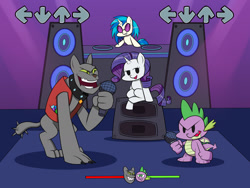 Size: 1600x1200 | Tagged: safe, artist:mew-me, imported from derpibooru, dj pon-3, rarity, rover, spike, vinyl scratch, diamond dog, dragon, pony, unicorn, boyfriend (friday night funkin), crossover, female, friday night funkin', girlfriend (friday night funkin), grin, male, mare, microphone, newgrounds, open mouth, shipping, sitting, smiling, sparity, straight, turntable, vinyl's glasses