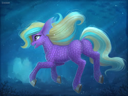 Size: 1200x899 | Tagged: safe, artist:scheadar, imported from derpibooru, oc, oc only, oc:soothing aqua, fish, pony, bubble, butt, cave, commission, coral, crepuscular rays, female, flowing mane, flowing tail, ocean, open mouth, plot, purple eyes, scales, solo, swimming, tail, teeth, tongue out, underwater, water