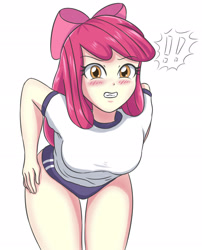 Size: 1989x2460 | Tagged: safe, artist:sumin6301, imported from derpibooru, apple bloom, equestria girls, !!, blushing, breasts, buruma, busty apple bloom, clenched teeth, embarrassed, exclamation point, female, gritted teeth, gym shorts, looking at you, older, older apple bloom, solo, sports panties, workout outfit