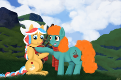 Size: 1280x851 | Tagged: safe, imported from derpibooru, oc, oc:ember, oc:ember (hwcon), oc:nessie, oc:nessie (bronyscot), bagpipes, bronyscot, dutch, dutch cap, hat, hearth's warming con, mascot, scotland, scottish