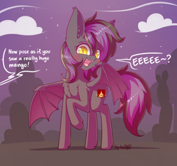 Size: 2048x1920 | Tagged: safe, alternate version, artist:dsp2003, imported from derpibooru, oc, oc only, oc:star hound, bat pony, pony, bat pony oc, bat wings, cloud, comic, commission, cute, cute little fangs, eeee, fangs, female, looking at you, mare, offscreen character, open mouth, signature, single panel, speech bubble, stars, wings