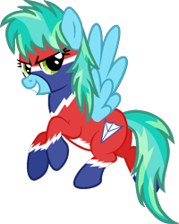 Size: 706x884 | Tagged: safe, artist:pegasski, imported from derpibooru, oc, oc only, pegasus, pony, base used, clothes, costume, eyelashes, female, grin, mare, pegasus oc, power ponies oc, rearing, simple background, smiling, solo, transparent background, wings