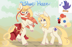 Size: 4284x2795 | Tagged: safe, alternate version, artist:beardie, imported from derpibooru, oc, oc only, oc:blue haze, persian, pony, saddle arabian, unicorn, ponyfinder, bard, blonde, blonde hair, blonde mane, blue eyes, clothes, cloud, dress, dungeons and dragons, fantasy class, female, horn, jewelry, mare, name, pathfinder, pen and paper rpg, pokémon, reference sheet, rpg, simple background