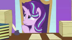 Size: 800x450 | Tagged: safe, artist:agrol, imported from derpibooru, starlight glimmer, pony, unicorn, animated, book, chair, choose your wings, idea, inkwell, paper, quill pen, smiling, solo, table, thinking, writing