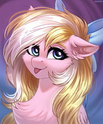 Size: 2750x3300 | Tagged: safe, artist:hakaina, imported from derpibooru, oc, oc only, oc:bay breeze, pegasus, pony, :p, bow, chest fluff, cute, ear fluff, female, hair bow, mare, ocbetes, simple background, solo, solo female, tongue out