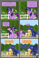 Size: 1600x2379 | Tagged: safe, artist:gutovi, imported from derpibooru, applejack, princess luna, twilight sparkle, alicorn, earth pony, pony, comic:why me!?, alternate ending, bedroom eyes, blushing, comic, female, floppy ears, hat, lesbian, lunajack, shipping, show accurate, sweet apple acres, tree, twilight sparkle (alicorn)