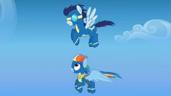 Size: 1920x1080 | Tagged: safe, artist:agrol, imported from derpibooru, rainbow dash, soarin', clothes, flying, goggles, uniform, wonderbolts, wonderbolts uniform