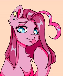 Size: 3442x4096 | Tagged: safe, artist:lukrxx, imported from derpibooru, pinkie pie, earth pony, pony, chest fluff, ear piercing, earring, jewelry, lidded eyes, looking at you, piercing, pinkamena diane pie, smiling, solo, white pupils