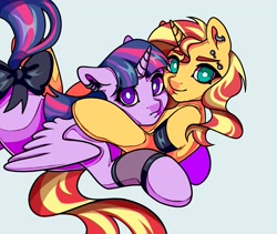Size: 4096x3459 | Tagged: safe, artist:lukrxx, imported from derpibooru, sunset shimmer, twilight sparkle, alicorn, pony, unicorn, bow, cuddling, ear piercing, earring, female, jewelry, lesbian, looking at you, piercing, shipping, smiling, spread wings, sunsetsparkle, tail bow, twilight sparkle (alicorn), white pupils, wings