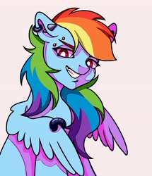 Size: 3524x4096 | Tagged: safe, artist:lukrxx, imported from derpibooru, rainbow dash, pegasus, pony, ear piercing, earring, grin, jewelry, lidded eyes, looking at you, piercing, smiling, solo, spread wings, white pupils, wings