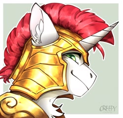 Size: 1967x1890 | Tagged: safe, artist:creepyistaken, imported from derpibooru, oc, oc only, pony, unicorn, armor, chest fluff, ear fluff, looking at you, royal guard, smiling, solo