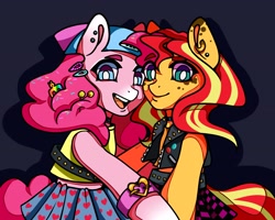 Size: 4096x3277 | Tagged: safe, artist:lukrxx, imported from derpibooru, pinkie pie, sunset shimmer, earth pony, semi-anthro, unicorn, backwards ballcap, baseball cap, cap, choker, clothes, ear piercing, earring, hairclip, hat, jewelry, piercing, shirt, skirt, smiling, vest, white pupils