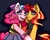 Size: 4096x3277 | Tagged: safe, artist:lukrxx, imported from derpibooru, pinkie pie, sunset shimmer, earth pony, semi-anthro, unicorn, backwards ballcap, baseball cap, cap, choker, clothes, ear piercing, earring, hairclip, hat, jewelry, piercing, shirt, skirt, smiling, vest, white pupils